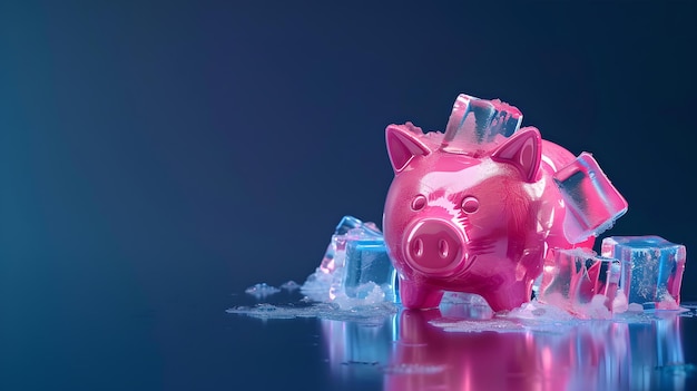 La tirelire rose sur la glace symbolise l'épargne financière, le concept, les investissements financiers et la planification future, les tons frais, la surface réfléchissante, l'IA.