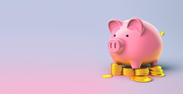 Tirelire ultra douce amusante avec de l'argent isolé sur fond rose Couleurs pastel Affiche et bannière colorées Illustration 3D de style air minimal de dessin animé