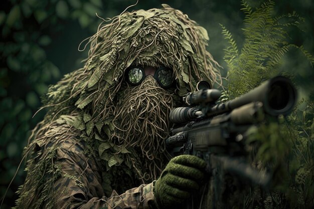 Un tireur d'élite en costume de ghillie