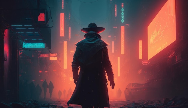 Un tireur d'élite cow-boy marchant dans les rues et les ruelles éclairées au néon d'un Tokyo futuriste enveloppé d'un épais brouillard