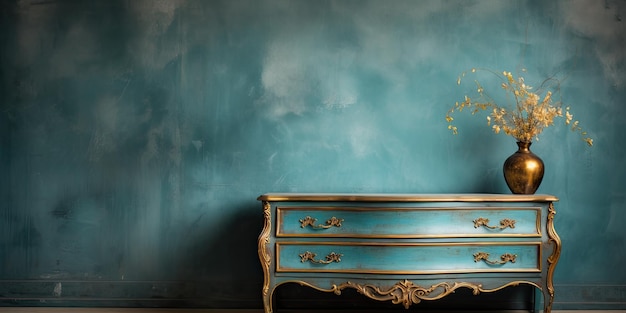 Tiroir bleu et miroir doré dans une maison vintage à l'esthétique baroque grunge