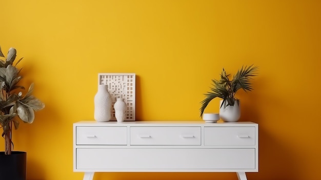 Tiroir minimaliste sur mur jaune avec peinture blanche