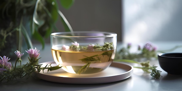 Tisane aux fleurs dans une tasse en verre sur la table générée par l'IA