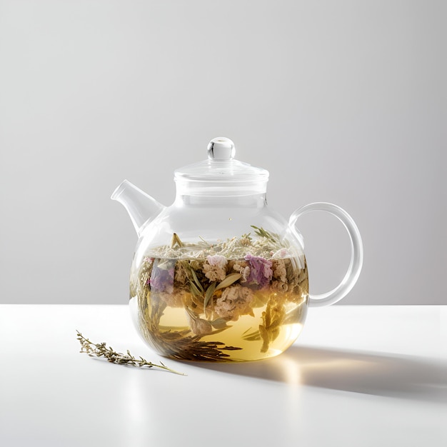 Tisane aux fleurs dans une théière en verre sur fond blanc avec espace de copie généré par l'IA