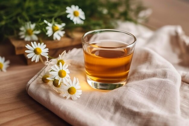 Tisane à la camomille avec des bourgeons de fleurs à proximité sur une table en bois Generative AI