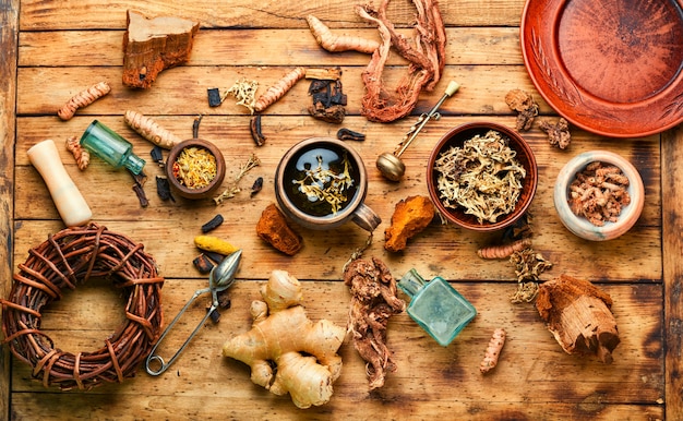 Tisane d'herbes médicinales. Plantes et racines médicinales en phytothérapie.