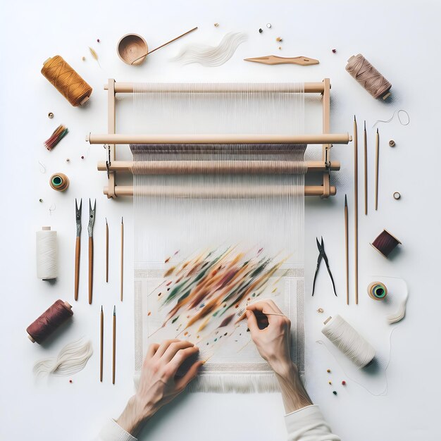 Photo tisser un textile sur un petit métier à tisser les fils colorés s'entrelacent pour créer un tissu à motifs