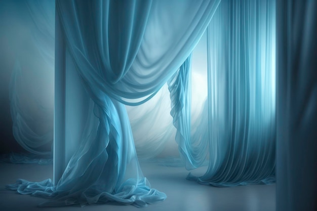 Tissu aéré en soie transparente bleue sur fond froid de la pièce