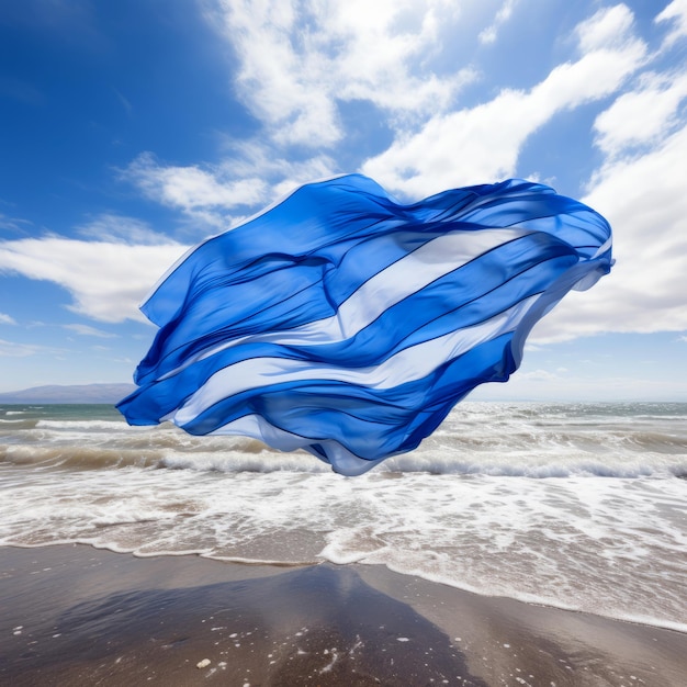 Le tissu blanc et bleu léger flotte dans le vent sur la plage le concept de liberté indépendance