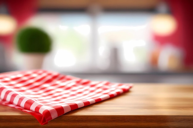 Un tissu blanc rouge sur une table en bois et un fond de cuisine flou