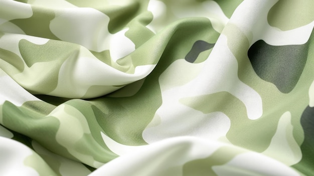 Un tissu camouflage vert et blanc avec un fond blanc.