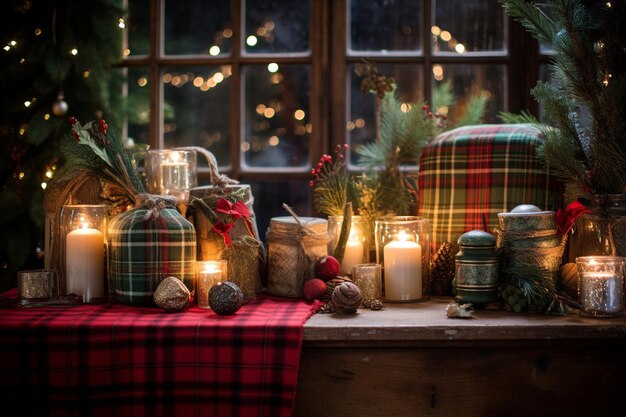 Tissu à carreaux de Noël vintage réconfortant, ornements rustiques et gui éclairé aux lanternes