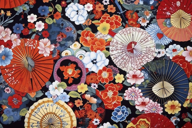 Un tissu coloré avec des fleurs et une horloge dessus