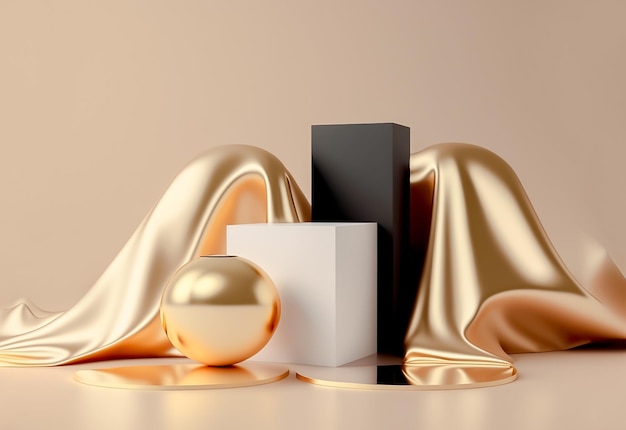 Tissu doré de luxe et présentoir de produit placé sur une étagère de podium vierge sur fond beige
