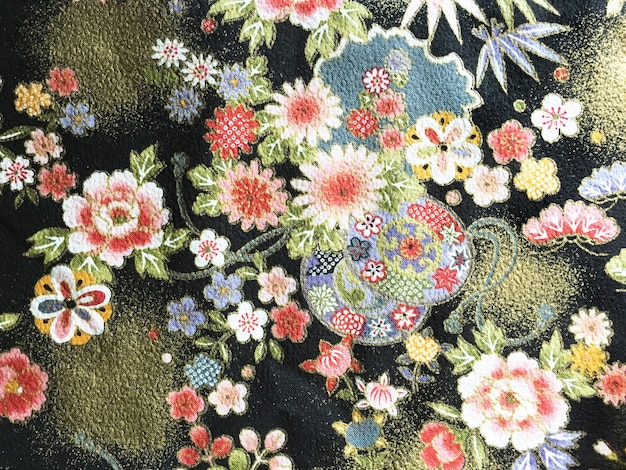 Tissu Floral Noir Japonais