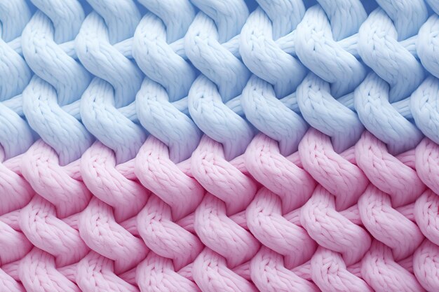 Photo tissu de laine tricoté bleu pastel et rose, fond à texture macro, surface à motifs doux et confortables