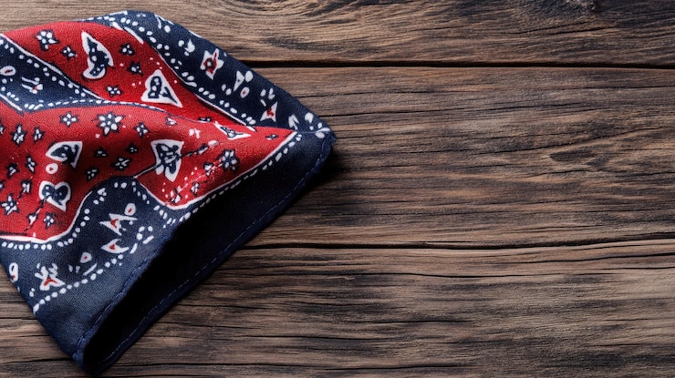 Photo tissu à motifs rouges et bleus avec des détails blancs sur surface en bois