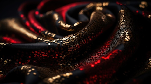 Tissu noir rouge et or en arrière-plan abstrait bokeh ondulé IA générative