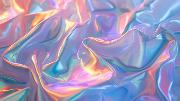 tissu ridé irisant avec des ondes lisses fond bleu or rose pastel doux généré par l'IA