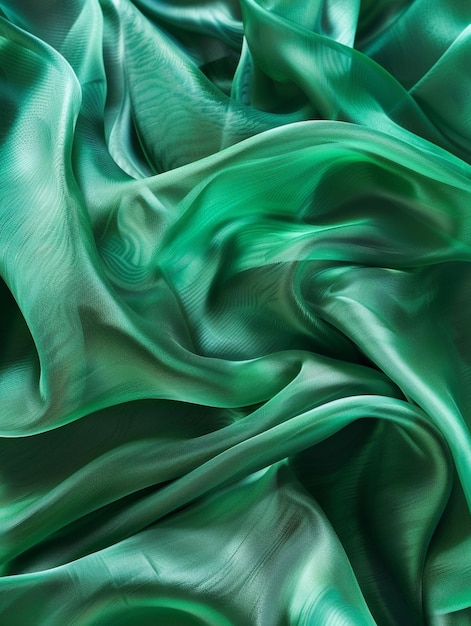 Un tissu de satin vert émeraude luxueux avec de somptueux plis et vagues présentant un brillant riche et un drap fluide