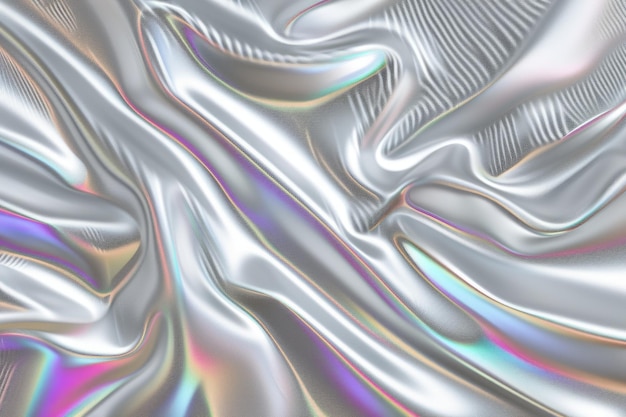 Un tissu de soie argenté ondulé avec des reflets d'arc-en-ciel
