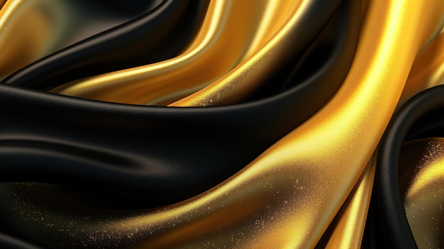 Tissu en soie noir et or sur fond abstrait brillant ondulé AI générative