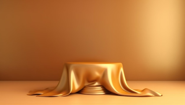 Tissu ou tissu luxueux doré placé sur le piédestal supérieur ou l'étagère du podium vierge sur fond doré