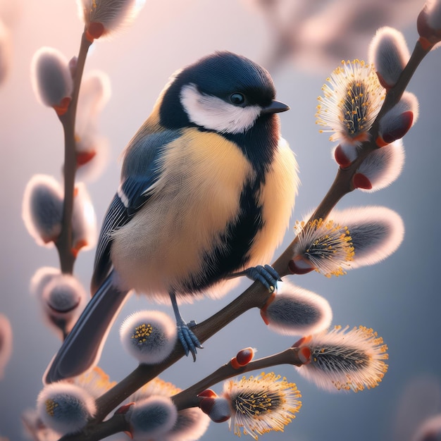 Tit sur une branche d'un saule en fleur