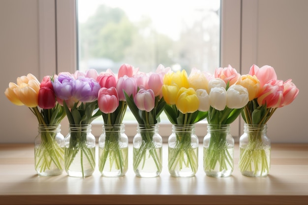 titres de tulipes colorées dans divers vases sur la table avec une palette de couleurs vives et vives