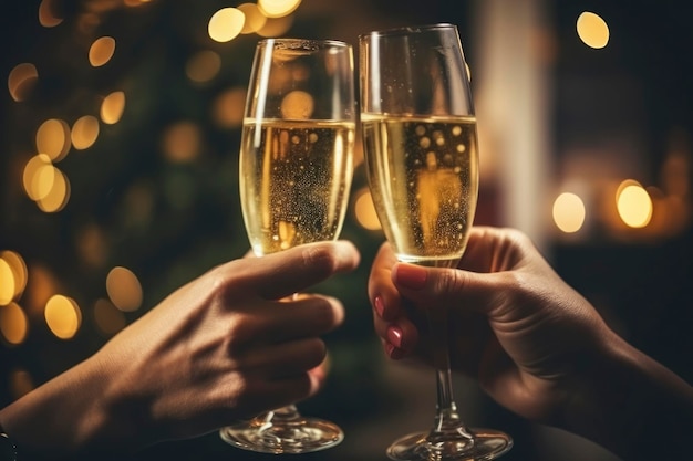 Un toast au champagne avec un bokeh doré.