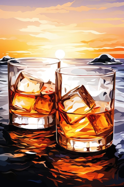 Photo un toast au coucher de soleil avec du whisky sur les rochers