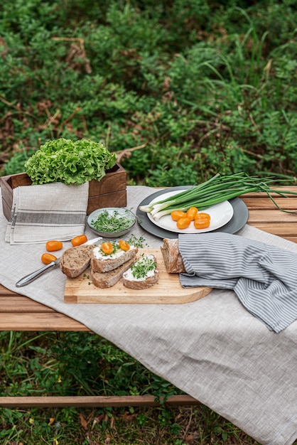 Toast au fromage à la crème et micro salade, concept d'aliments sains