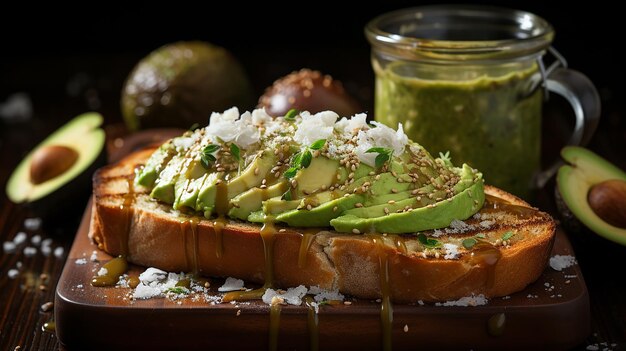 Photo un toast d'avocat caramélisé avec un mélange de machiatto