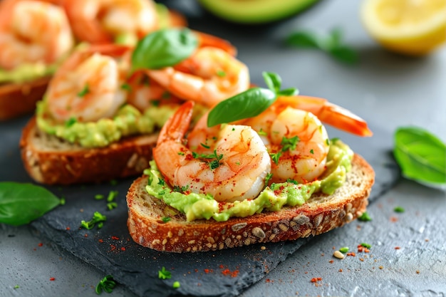 Photo toast d'avocat avec des crevettes sur fond gris en gros plan