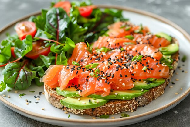 Toast avec de l'avocat et du saumon sur du pain de seigle avec des graines de sésame noir avec des feuilles de galette générées par l'IA