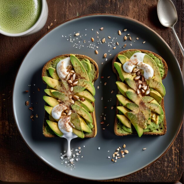 Un toast d'avocat avec du yogourt et des noix sur une assiette