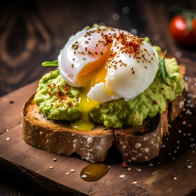 Toast à l'avocat avec œuf poché sur pain de seigle noir gros plan Sandwich avec guacamole oar trempette à l'avocat et œuf poché sur fond sombre Concept d'alimentation saine AI générative