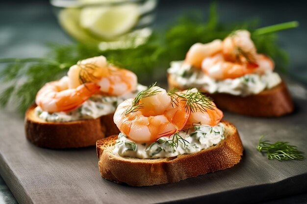 Un toast avec des crevettes dessus