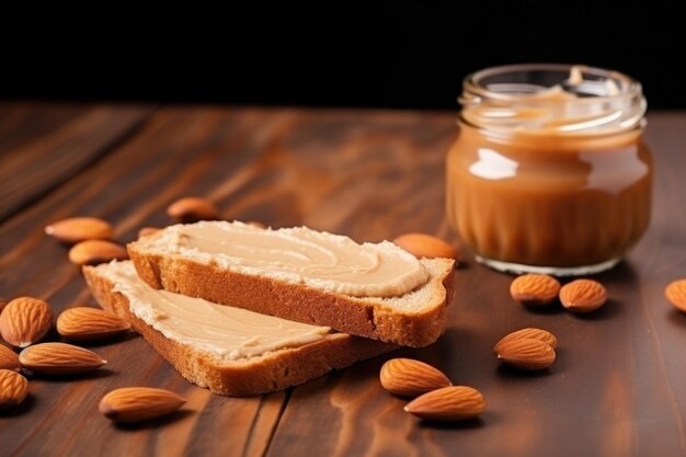 Photo un toast avec du beurre d'amande sur une table en bois.