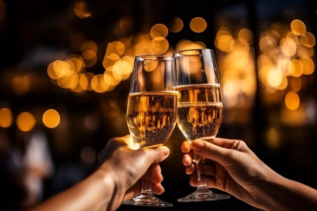 Un toast avec du champagne le soir du Nouvel An et des feux d'artifice en arrière-plan