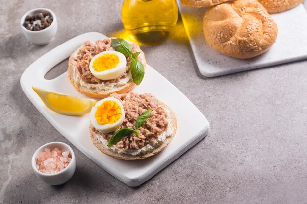 Toast avec du thon en conserve Sandwich ouvert avec des œufs et du fromage