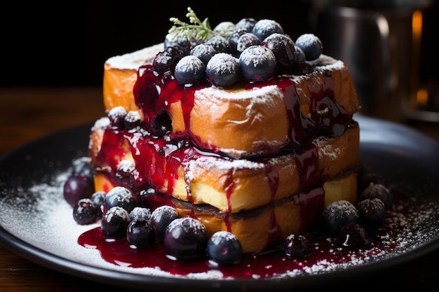 Toast français farci de bleuets servi avec du sucre en poudre et du sirop d'érable