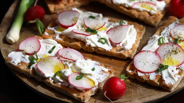 Toast de remise en forme avec radis oignons verts et fromage blanc Alimentation saine