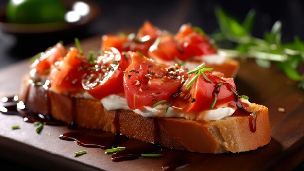 Un toast avec des tomates et du fromage.