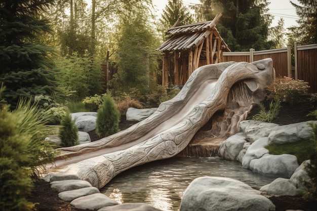 Un toboggan aquatique dans un parc avec une structure en bois en arrière-plan.