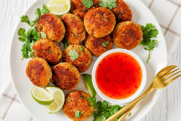 Tod man pla thai croquettes de poisson sur une assiette