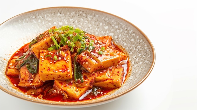 Tofu brassé épicé sur fond blanc à l'accompagnement coréen Generative Ai