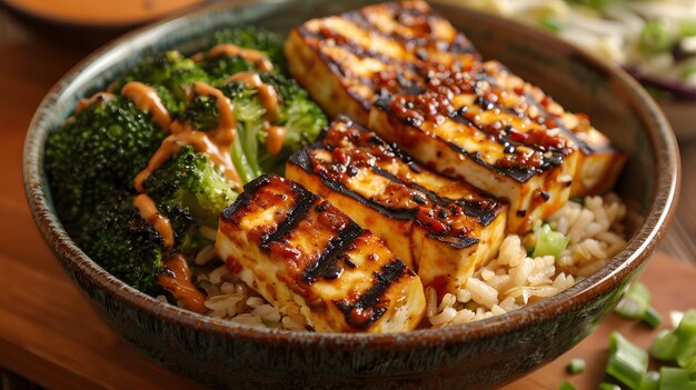 Tofu grillé avec brocoli et bol de riz