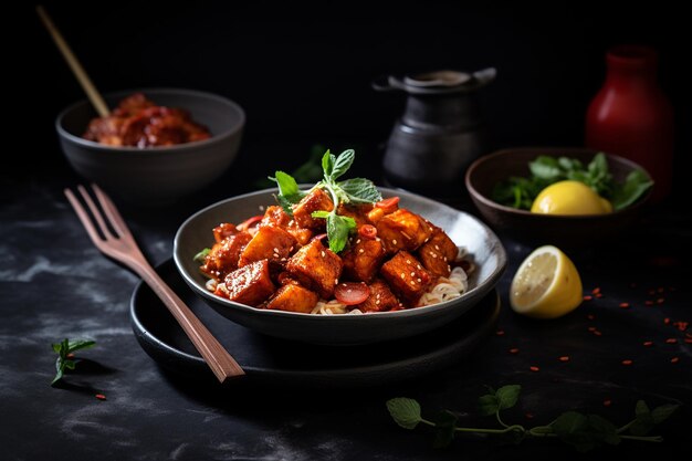 Le tofu kimchi épicé est frite.