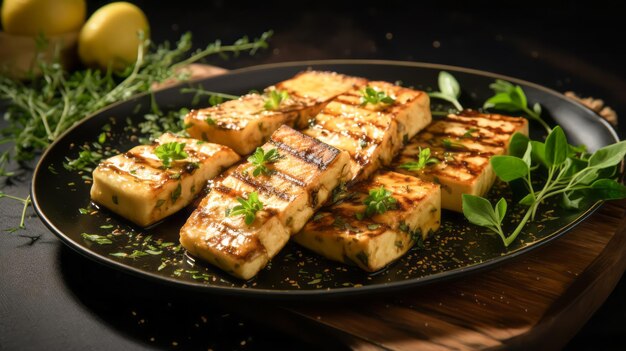 Tofu poêlé un plat à base de tofu mariné dans de l'huile d'olive, de l'ail et des herbes